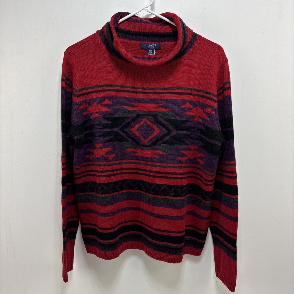 Chaps Ralph Lauren Sweater Womens PXL Red Purple Aztec‎ Southwestern Cowl Neck